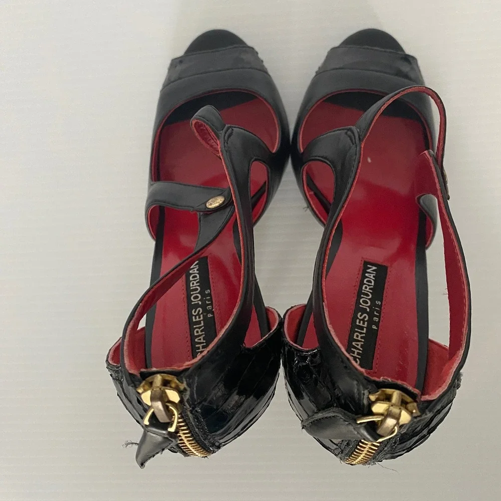 Charles‎ Jourdan Paris Beth Black Snakeskin Stiletto Peep Toe Heels Sandals 7.5